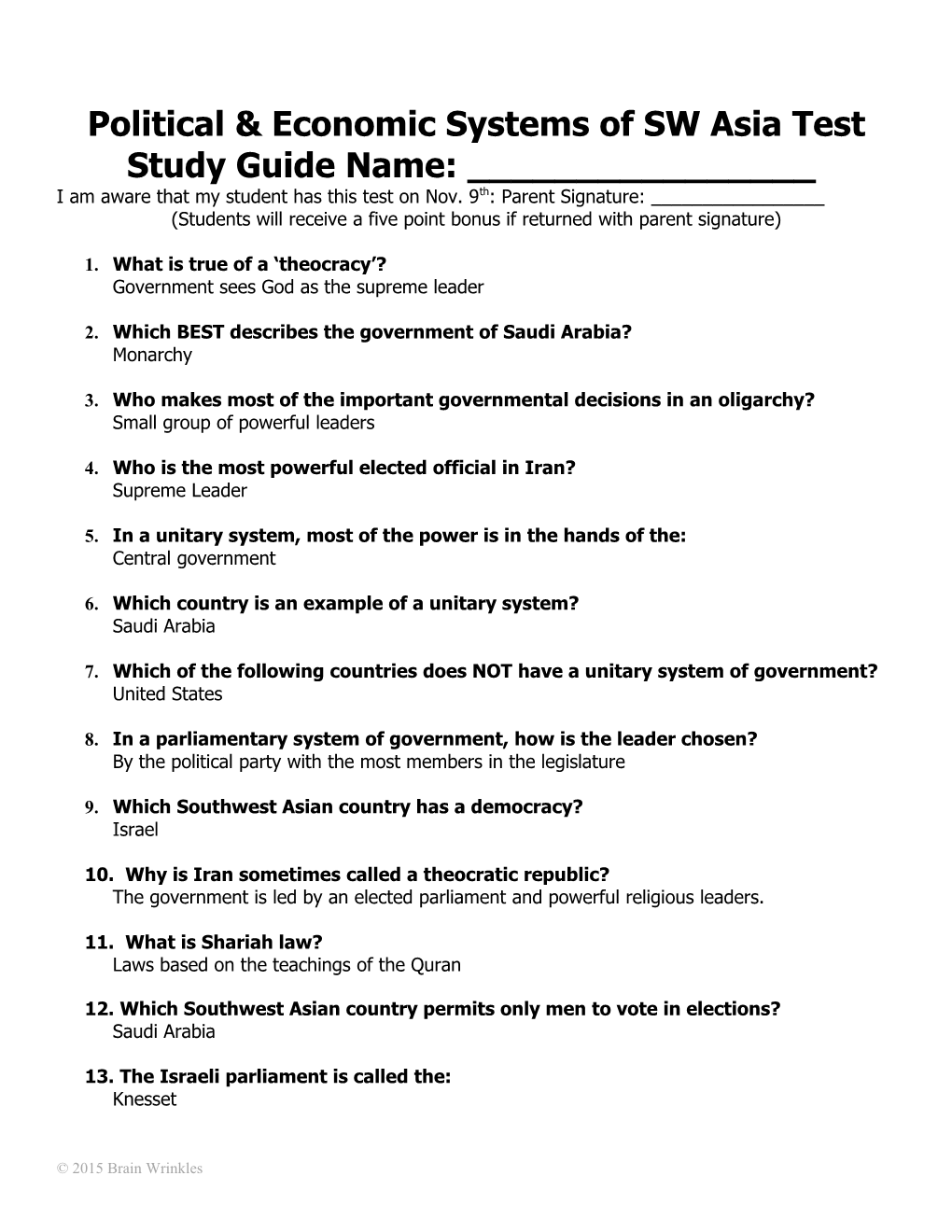 Political & Economic Systems of SW Asia Test Study Guide Name: ______