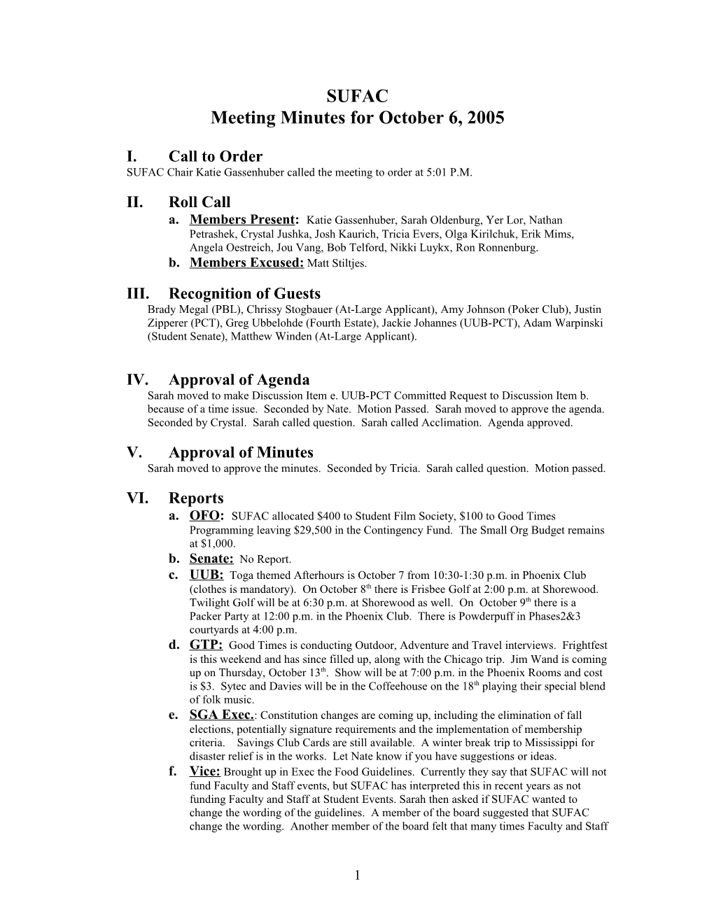 Meeting Minutes for October 6, 2005