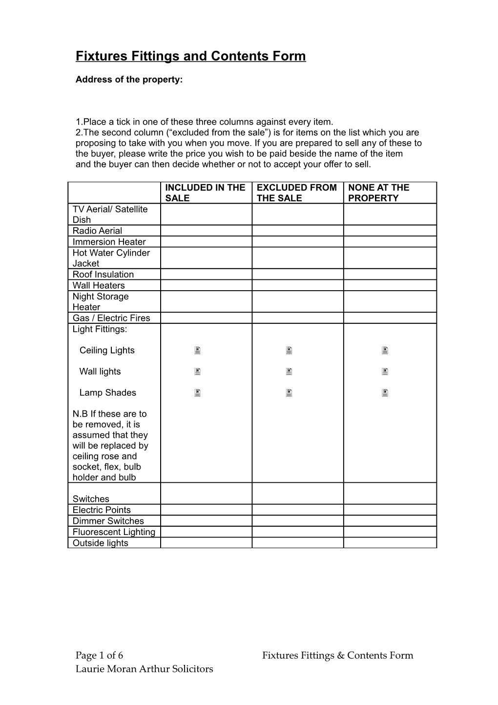 Fixtures Fittings and Contents Form