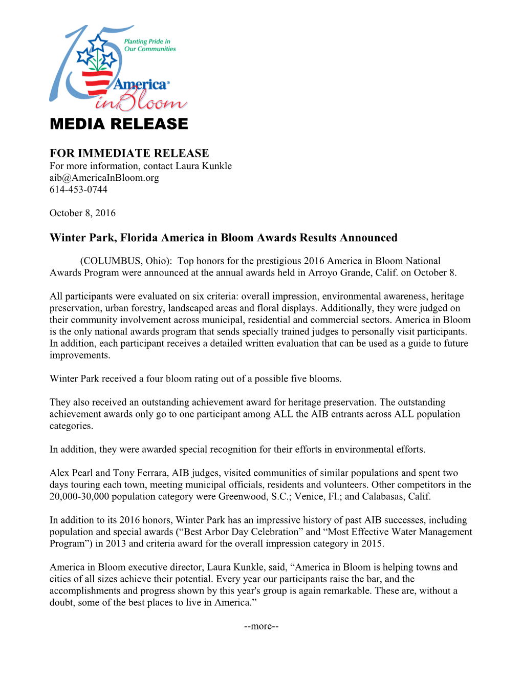 Winter Park, Florida America in Bloom Awards Results Announced