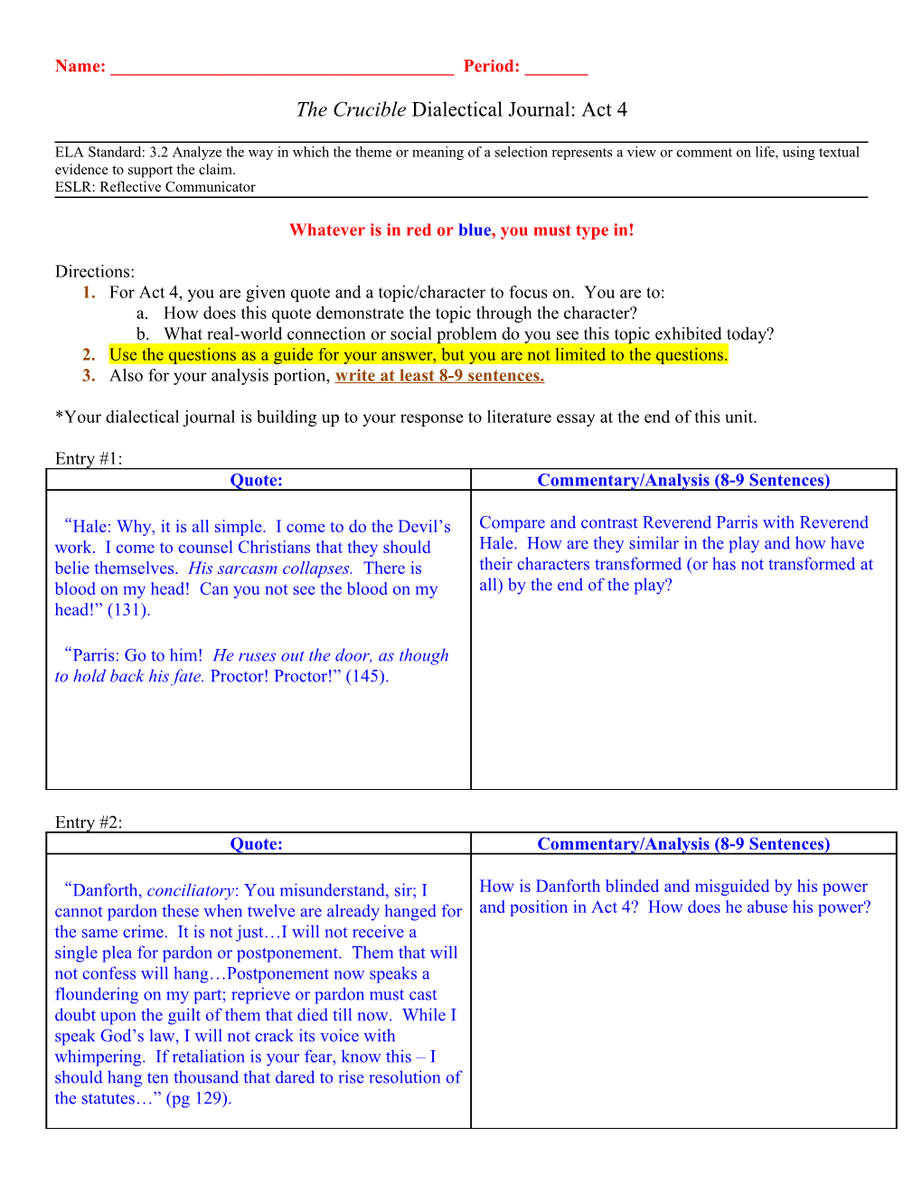 The Crucible Dialectical Journal: Act 4