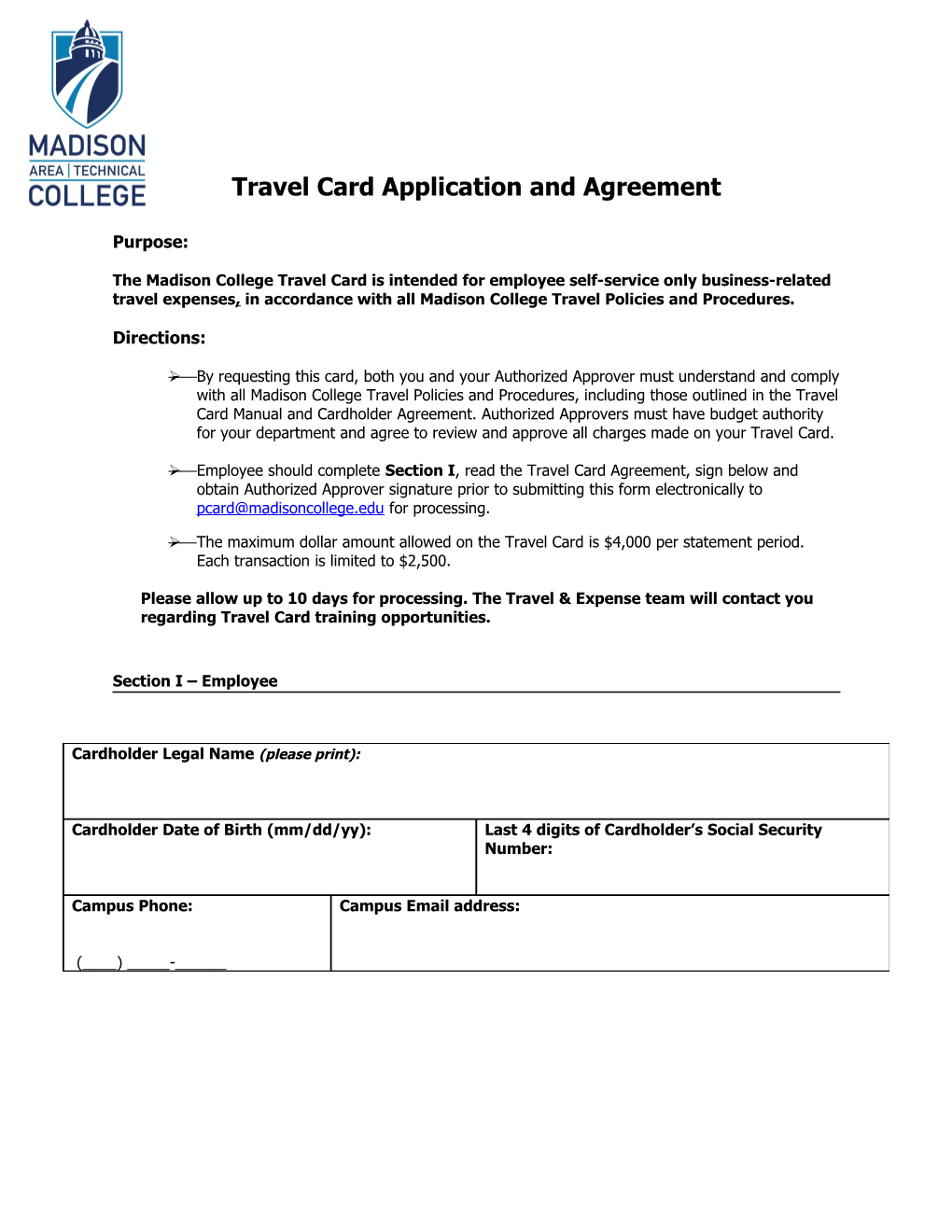 Travel Card Application and Agreement