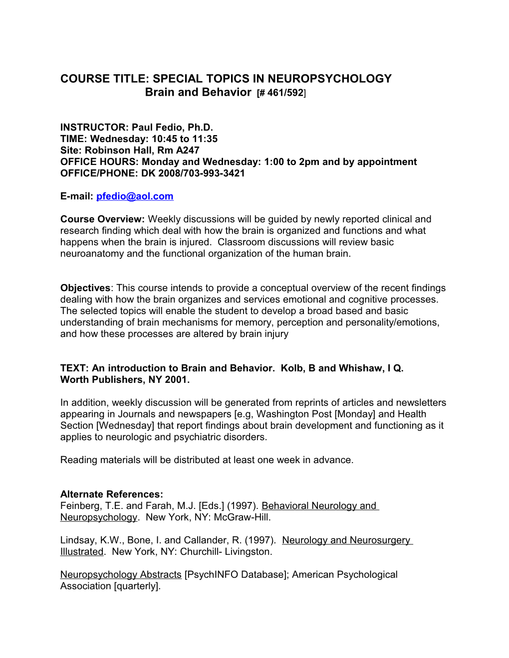 Course Title: Current Topics in Neuropsychology