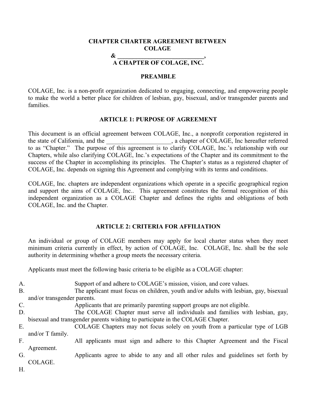 Chapter Charter Agreement Between