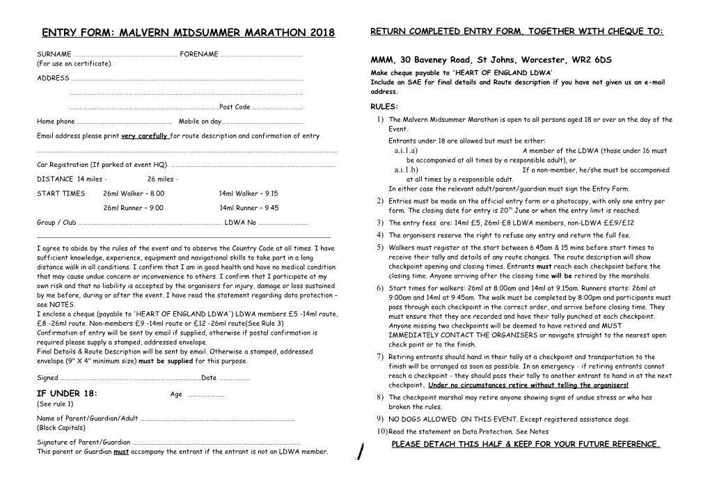 Malvern Marathon 2001 Entry Form