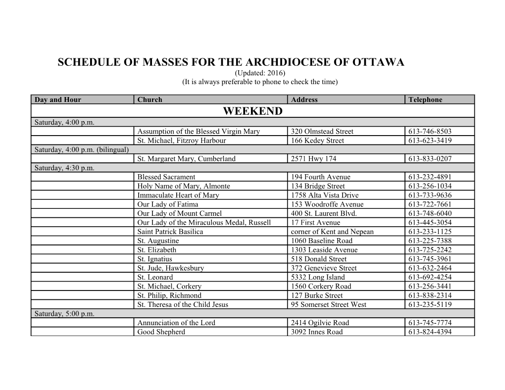 Schedule of Masses for the Archdiocese of Ottawa