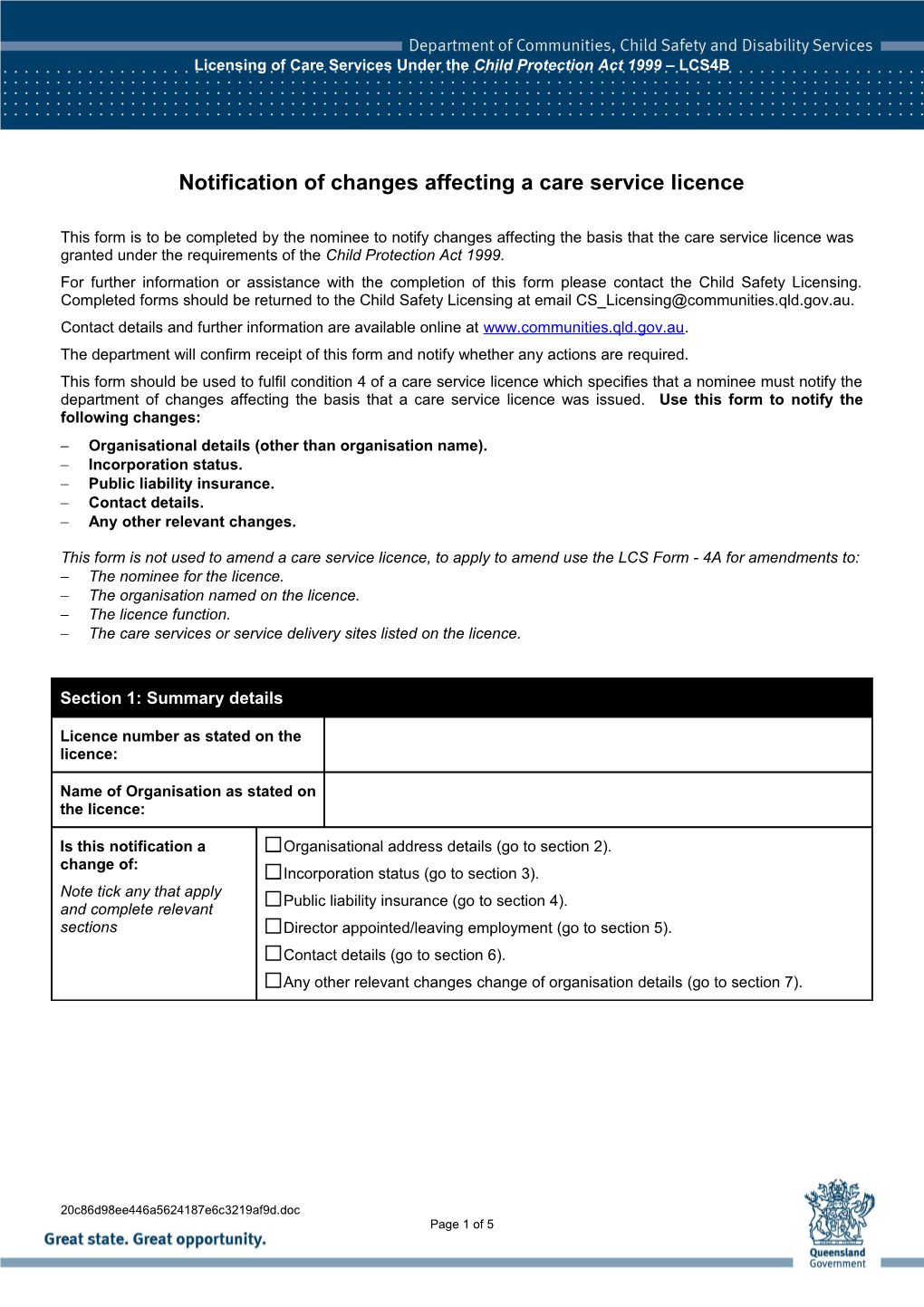 Notification of Changes Affecting a Care Service Licence