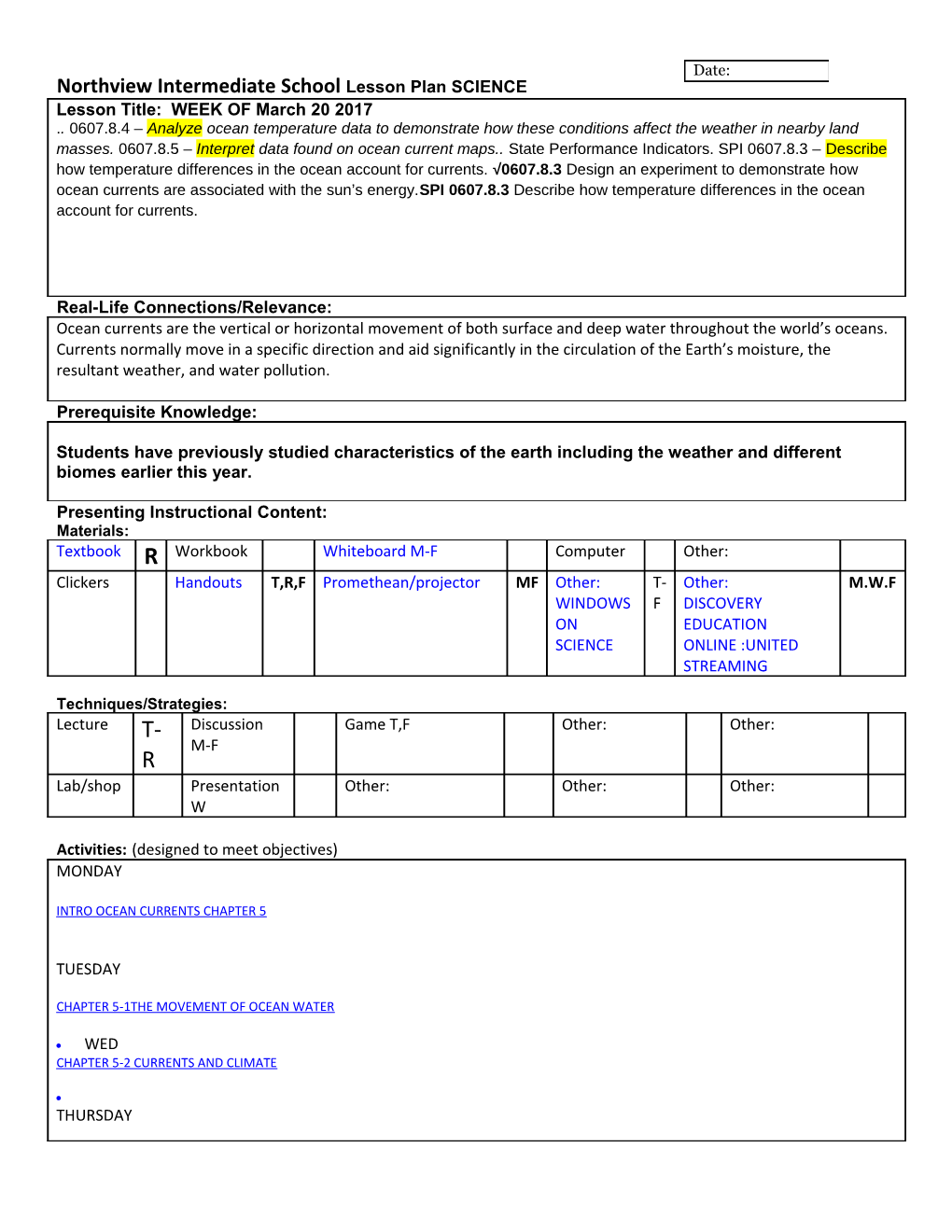 Northview Intermediate School Lesson Plan SCIENCE