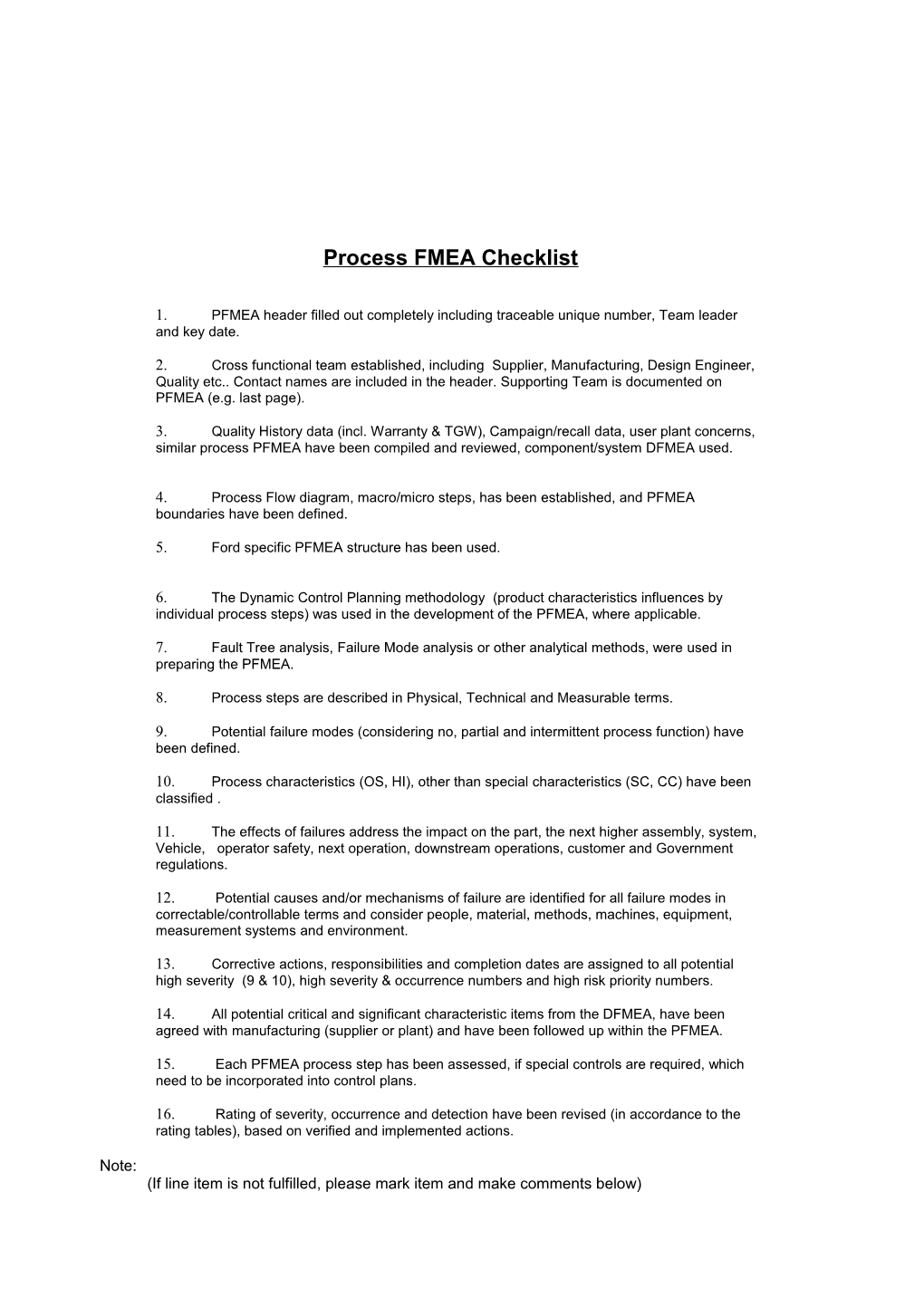 Process FMEA Checklist