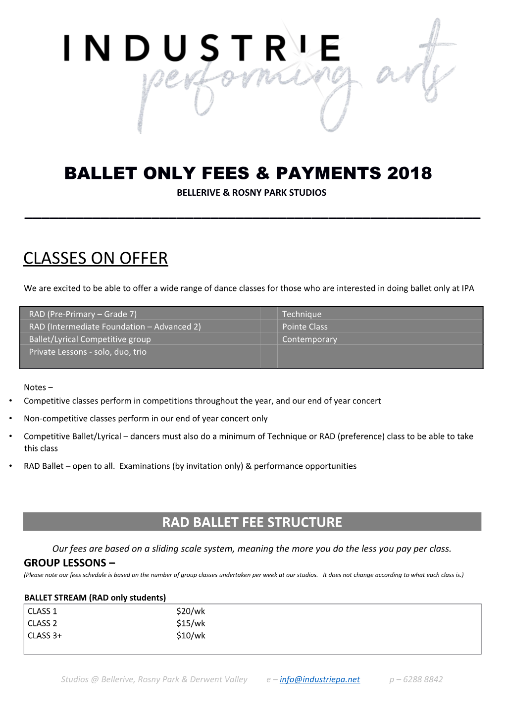 Ballet Only Fees & Payments 2018
