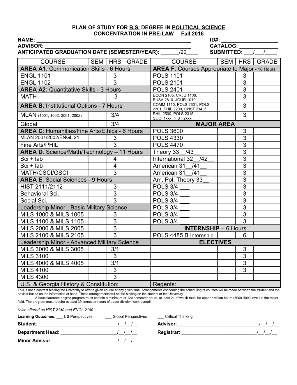 Plan of Study for B.S. Degree in Political Science