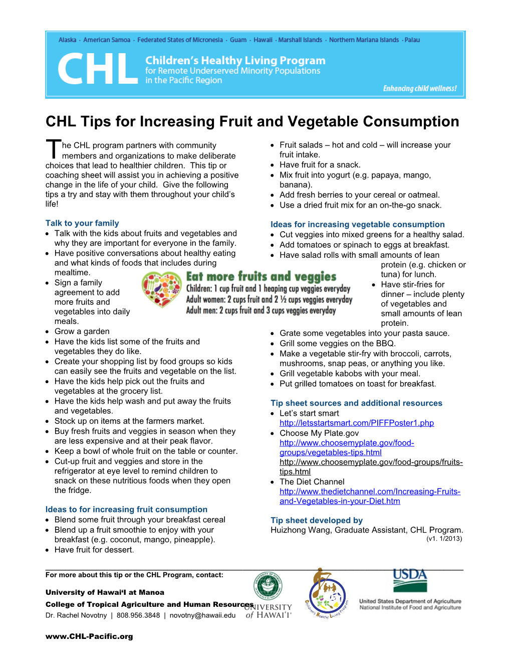 CHL Tips for Increasing Fruit and Vegetable Consumption