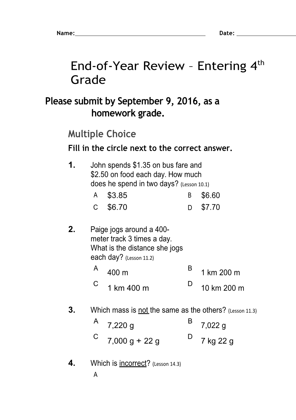 Fill in the Circle Next to the Correct Answer