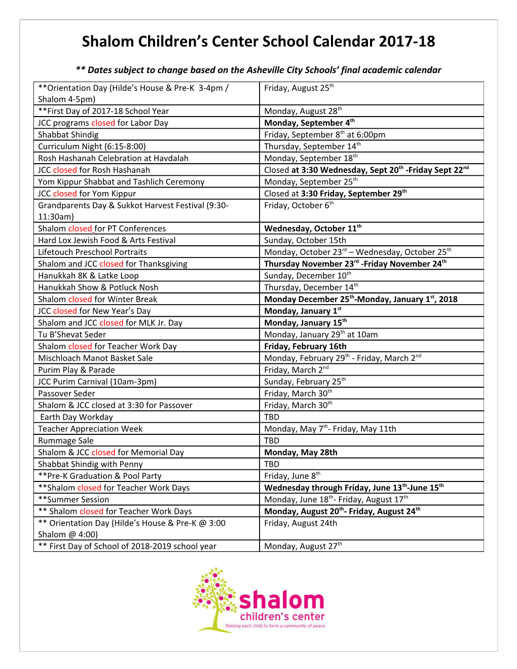 Shalom Children S Center School Calendar 2017-18