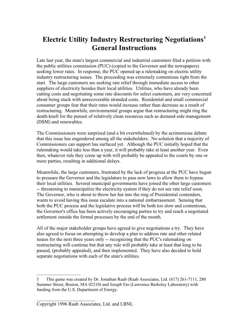 Electric Utility Industry Restructuring Negotiations