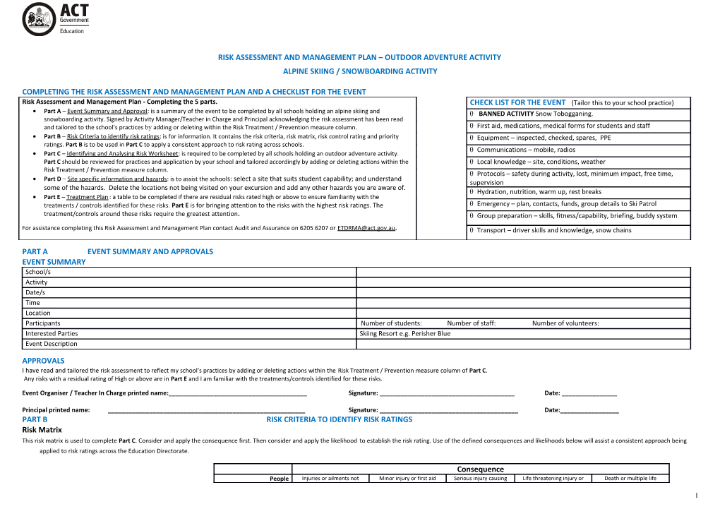 Risk Assessment and Management Plan OUTDOOR ADVENTURE ACTIVITY