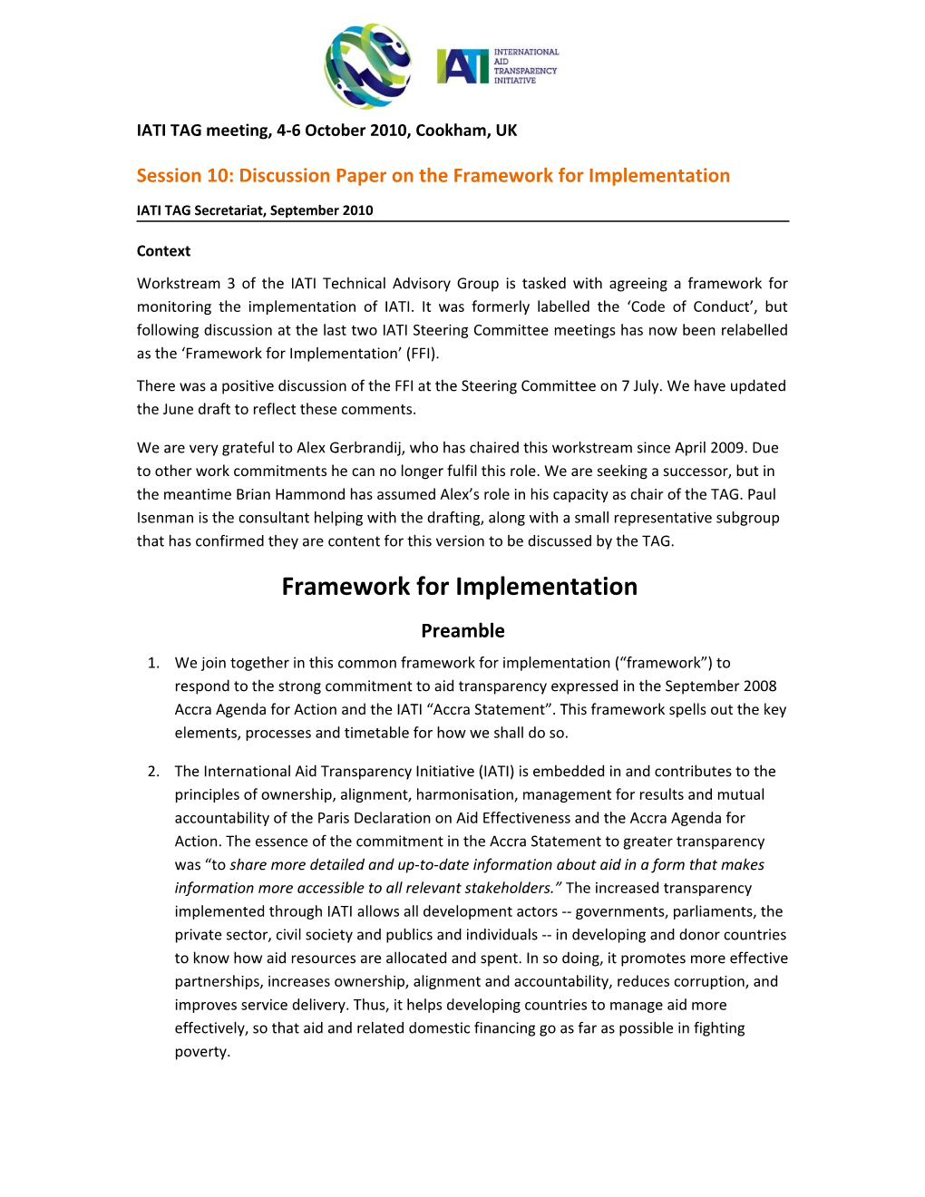 Session 10: Discussion Paper on the Framework for Implementation