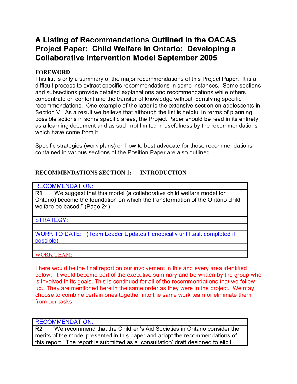 A Listing of Recommendations Outlined in the OACAS Project Paper: Child Welfare in Ontario