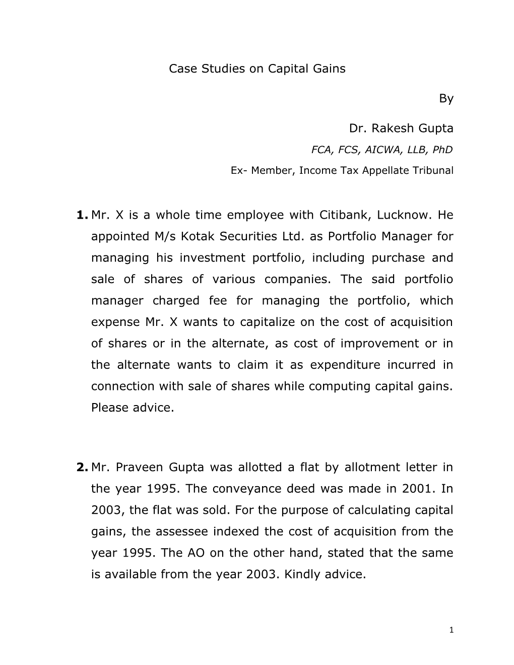 Case Studies on Capital Gains