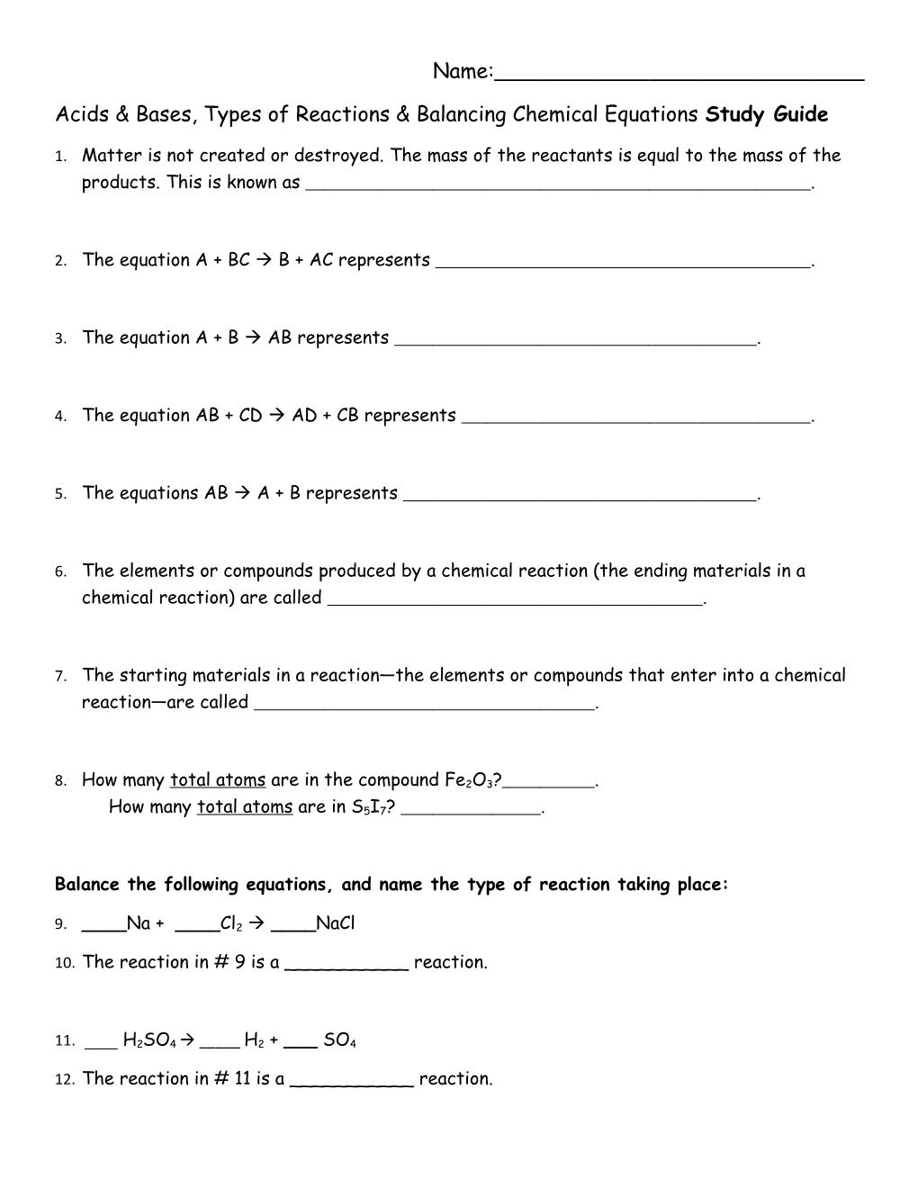 Acids & Bases, Types of Reactions & Balancing Chemical Equations Study Guide