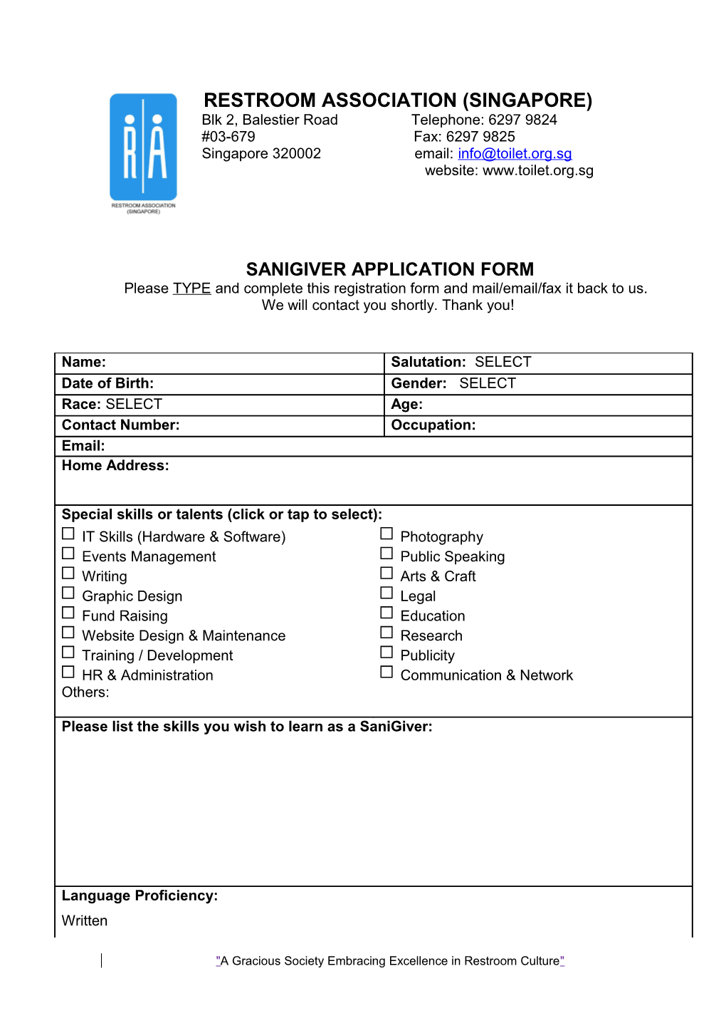 Restroom Crusader Volunteer Application Form