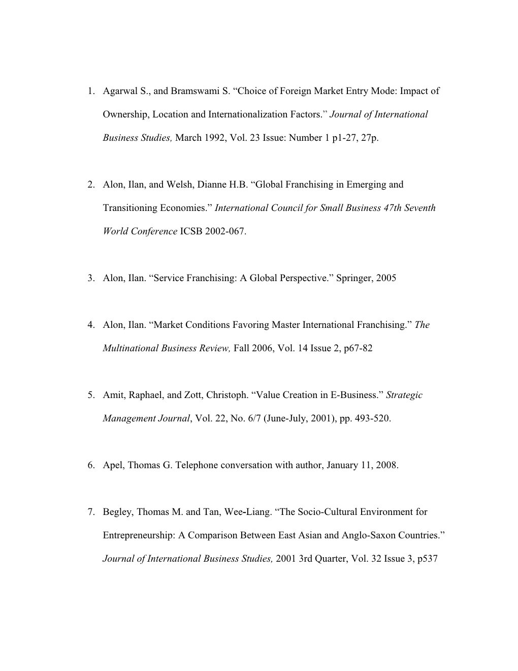 1. Agarwal S., and Bramswami S. Choice of Foreign Market Entry Mode: Impact of Ownership