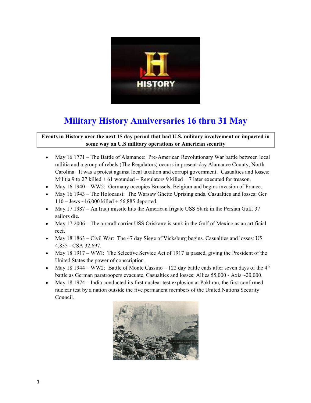 Military History Anniversaries 16 Thru 31 May