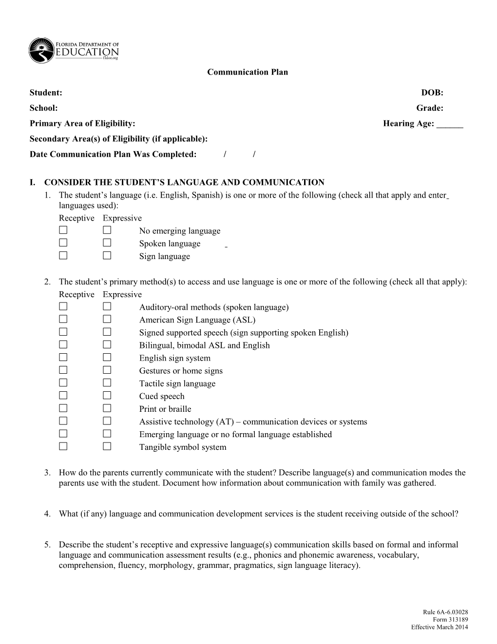 Communicarion Plan Worksheet for HI