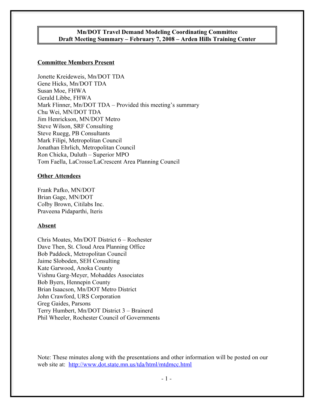 Mn/DOT Travel Demand Modeling Coordinating Committee s1