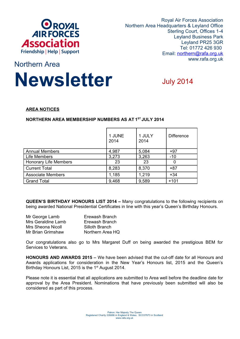 Northern Area Membership Numbers As At1st July2014