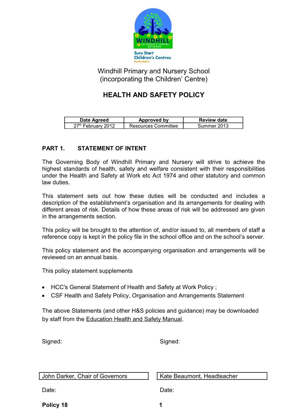 MODEL HEALTH and SAFETY STATEMENT for Schools