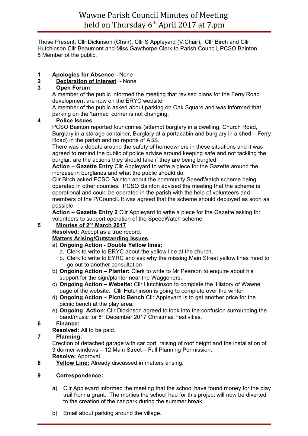 Wawne Parish Council Minutes of Meeting Held on Thursday 1St October 2009 at 7.Pm