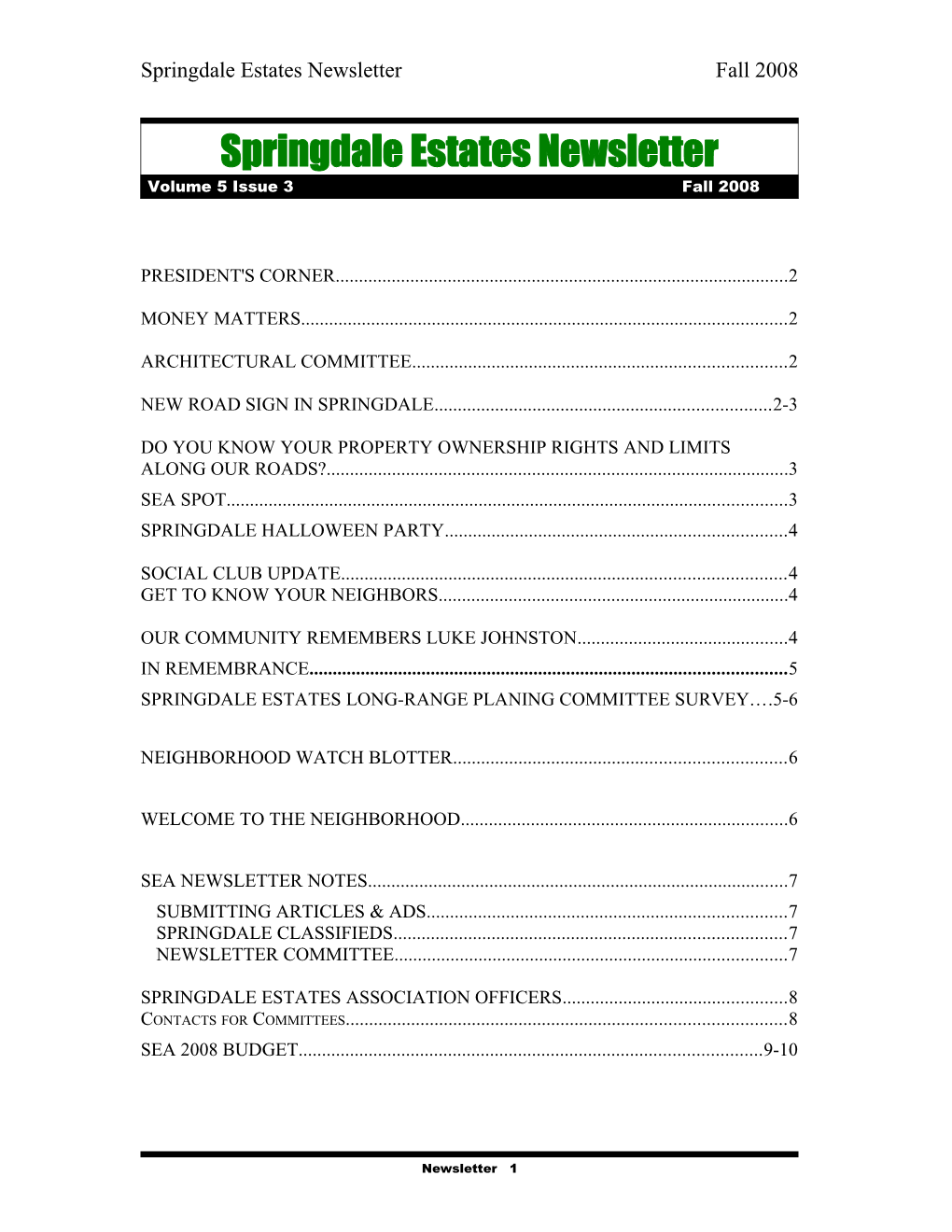 Springdale Estates Newsletter