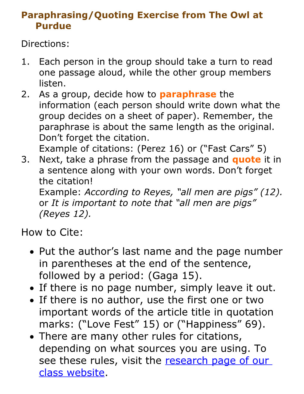 Paraphrasing/Quoting Exercise from the Owl at Purdue