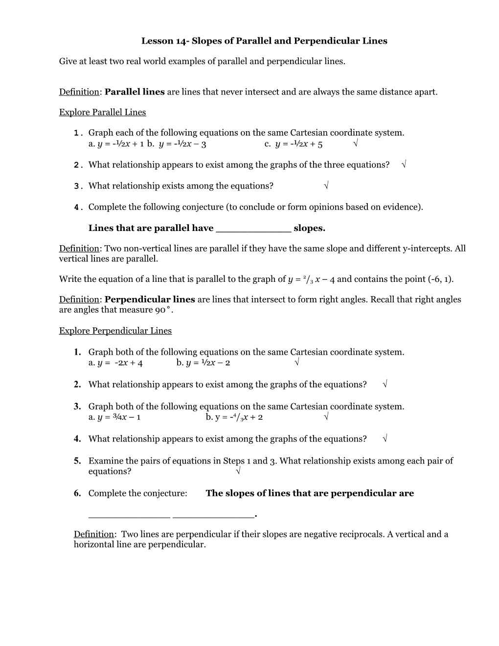 Slopes of Parallel and Perpendicular Lines