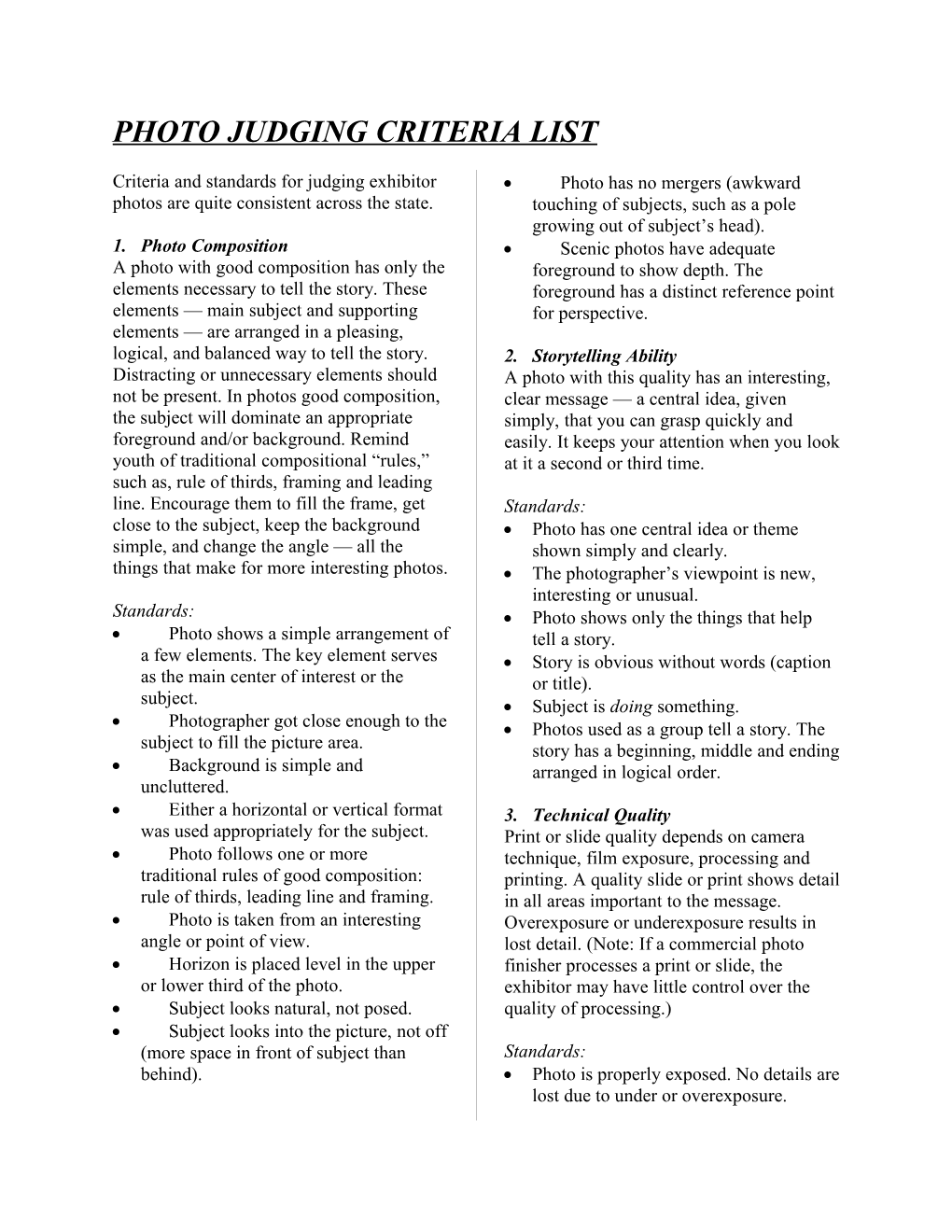 Photo Judging Criteria List