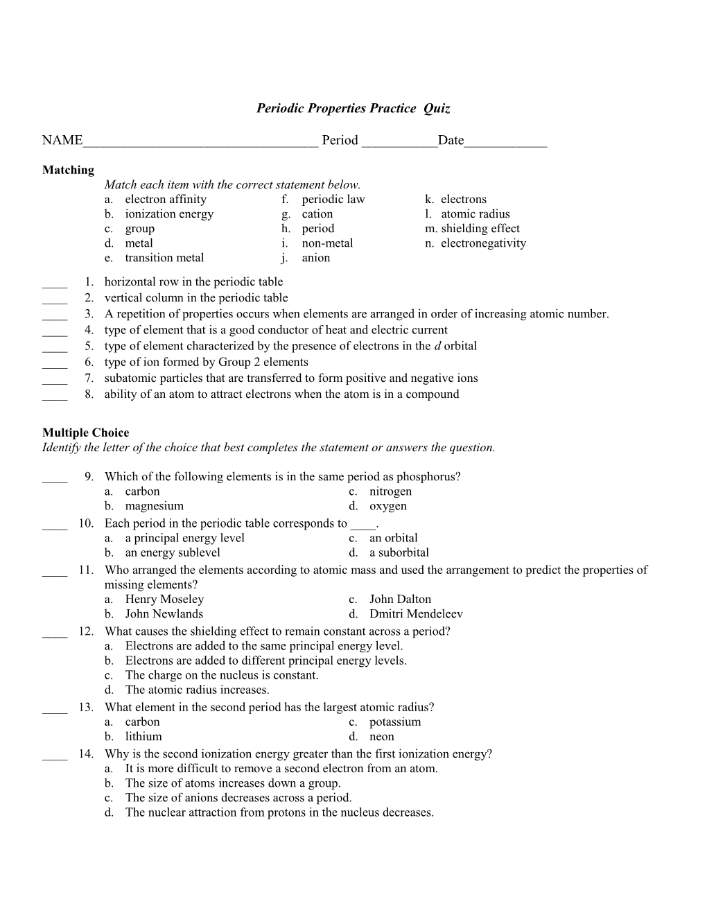 Periodic Table Quiz 1