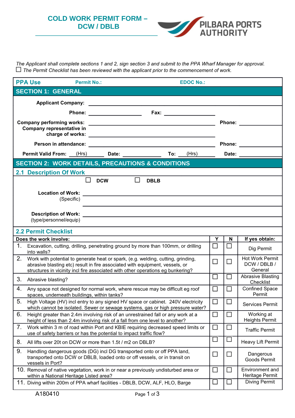 Cold Work Permit Form