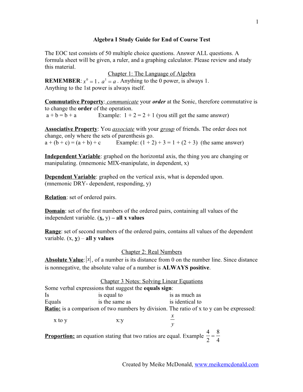 Algebra I Study Guide for End of Course Test