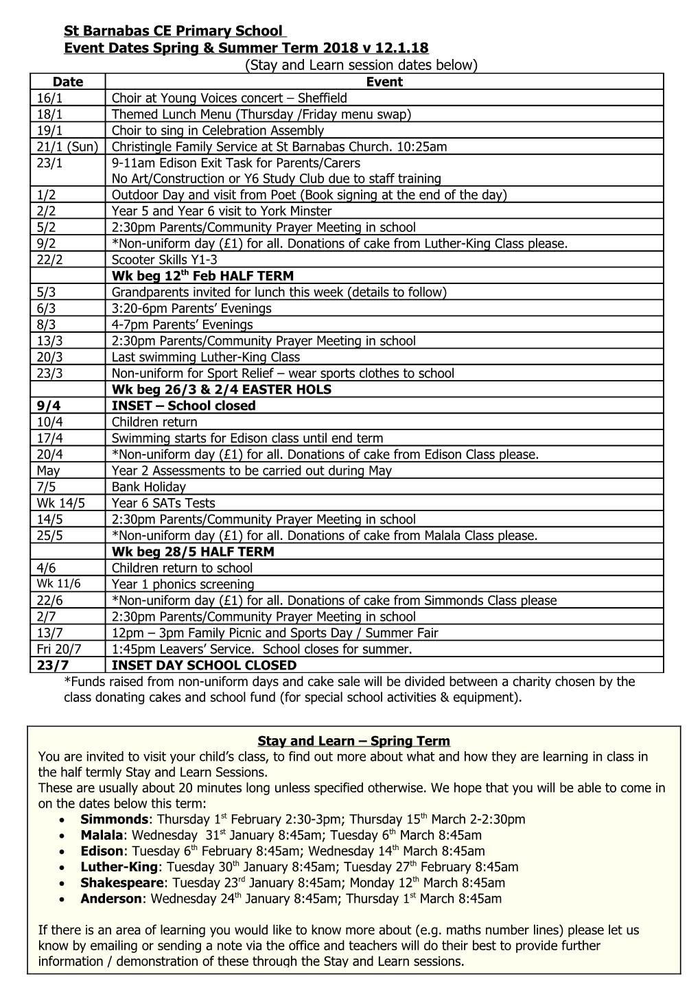 St Barnabas CE Primary School Spring Term Dates