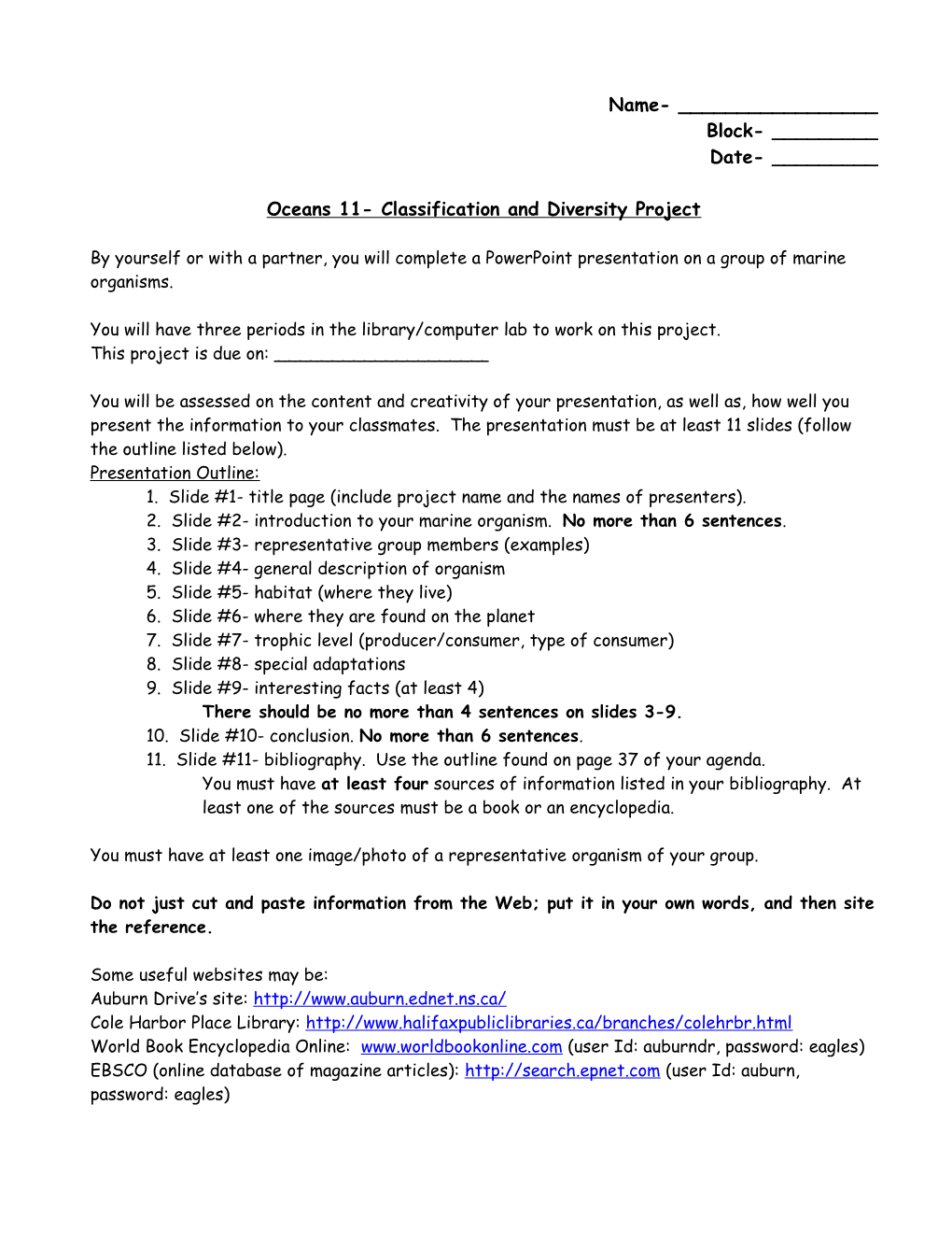 Oceans 11- Classification and Diversity Project