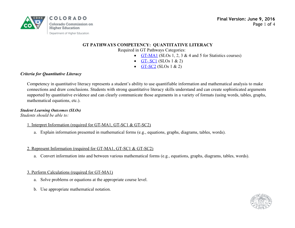 Gt Pathways Competency: Quantitative Literacy