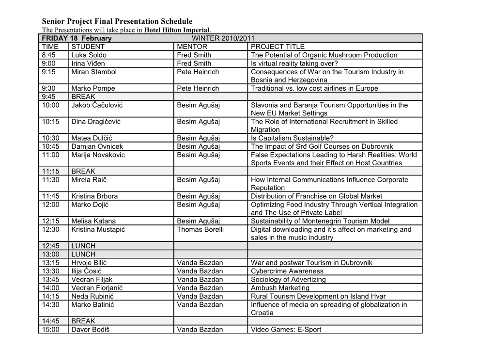 Senior Project Final Presentation Schedule