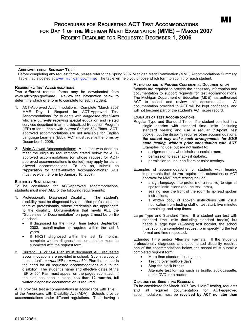 2000-2001 Request for ACT Assessment Test Accommodations