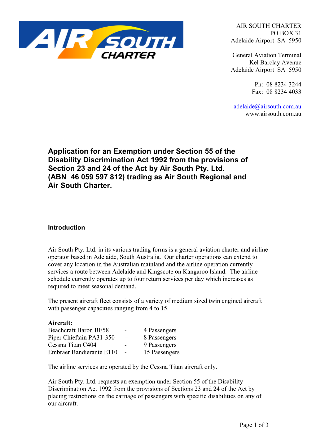 (ABN 46 059 597 812) Trading As Air South Regional And