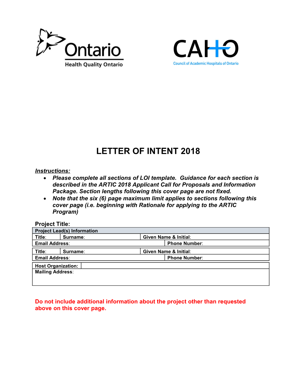 Adopting Research to Improve Care Program LETTER of INTENT 2018