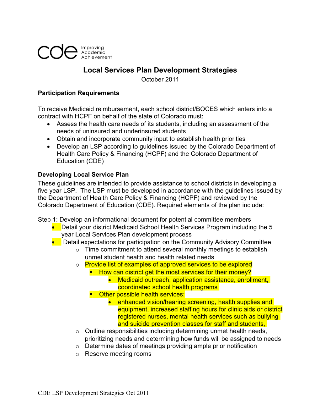 Local Services Plan Development Strategies