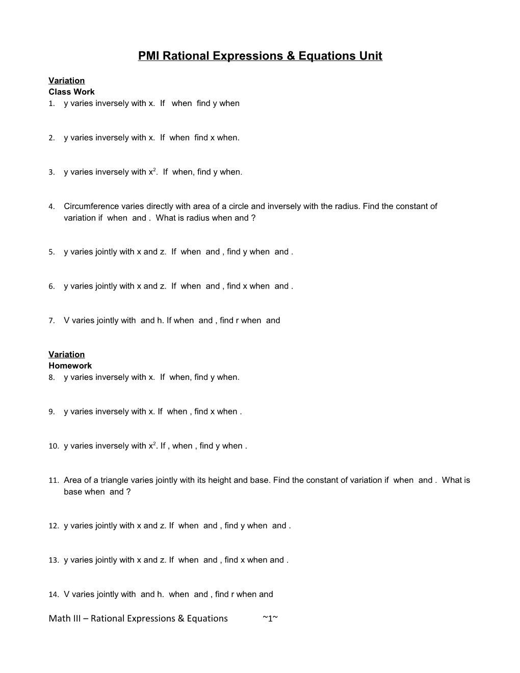 PMI Rational Expressions & Equations Unit