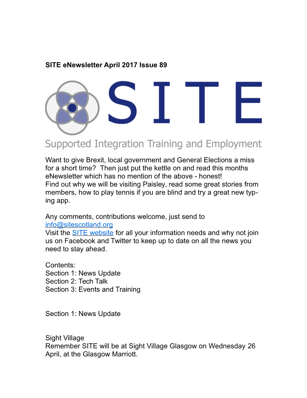 SITE Enewsletter April 2017 Issue 89