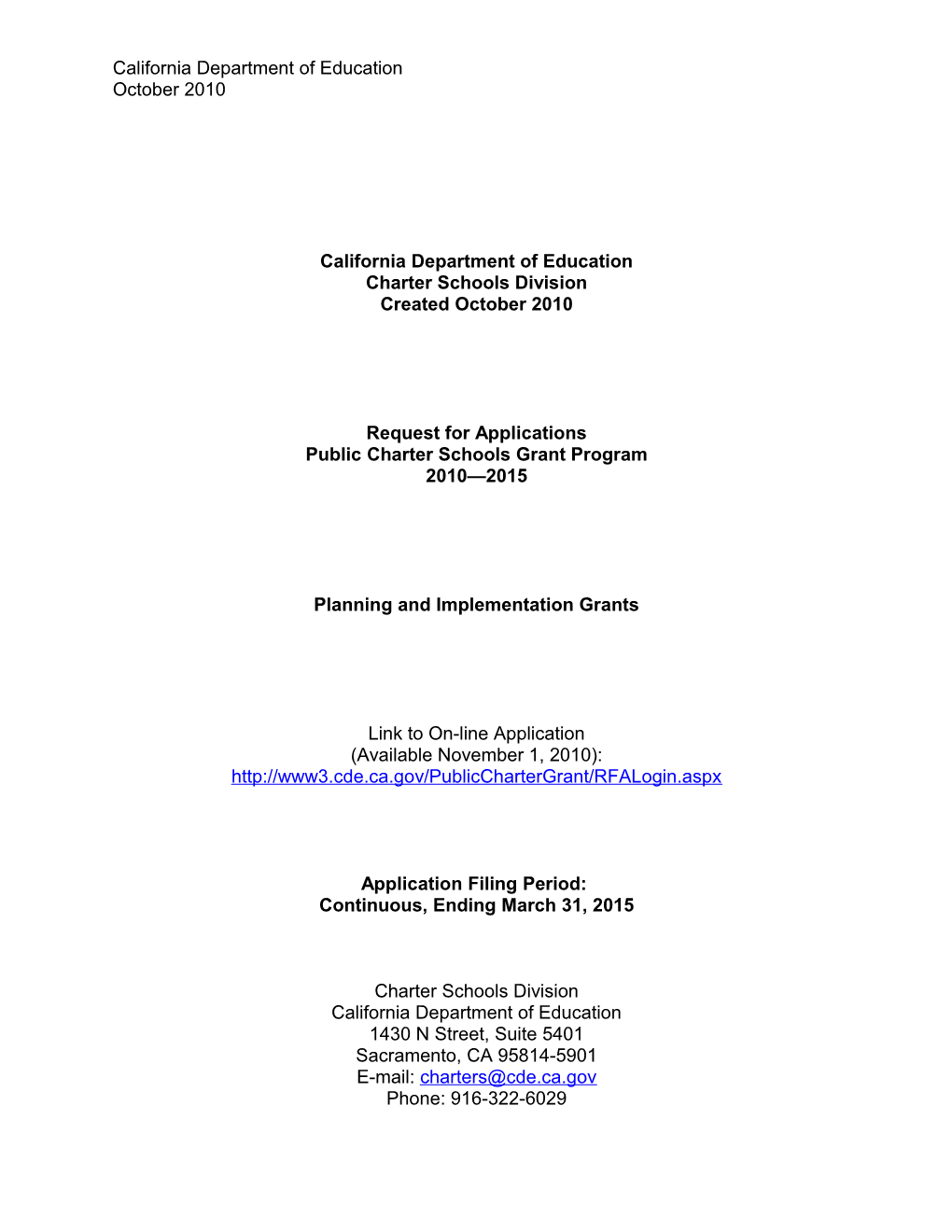 RFA-10: Public Charter Schools Grant Program (CA Dept of Education)